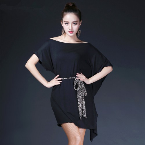 Black purple leopard batwing sleeves loose fashion women's girl's female competition stage performance latin salsa cha cha dance dresses
